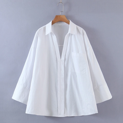 Damen Casual Baumwollmischung Popeline Hemd Oversize Langarm Bluse Mit Tasche Elegant Einfarbig V Ausschnitt Büro Lady Top