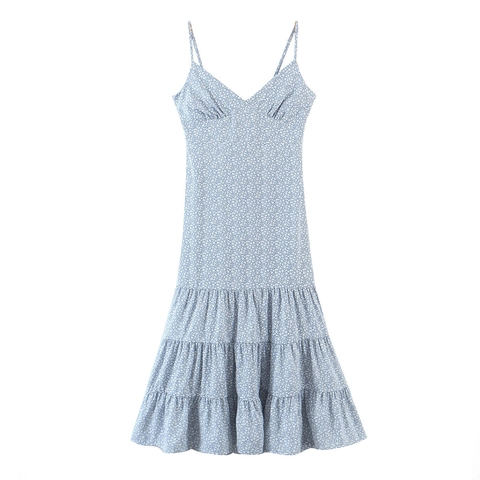 Women French Style Sky Blue Floral V-Neck Cami Dress Tiered Cake Skirt Backless Hollow Out Bow Midi Summer Vacation Dress