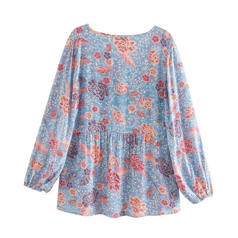 Camisa de Rayón con Estampado Floral para Mujer Manga Larga Bohemio Vintage Cuello en V Lazo con Borlas Blusa Manga de Linterna Dobladillo Asimétrico