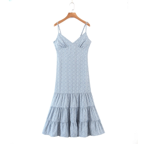 Women French Style Sky Blue Floral V-Neck Cami Dress Tiered Cake Skirt Backless Hollow Out Bow Midi Summer Vacation Dress