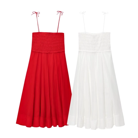 Women Spaghetti Strap Smocked Cotton Maxi Dress Solid V Neck A-Line Bow Tie Backless Summer Vacation Sun Dress