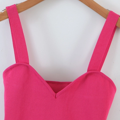 Sexy Canotta a Bretelle in Maglia Rosa Rosso da Donna Scollo a V Cropped Top con Fiocco in Organza Schiena Intrecciata Estate
