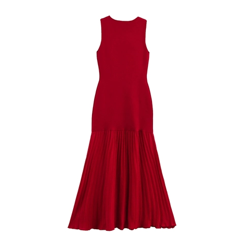 Robe Longue Élégante Femme Rouge en Tricot Patchwork Plissée Sexy Sans Manches Col Rond Taille Haute Coupe Ajustée Fête Soirée