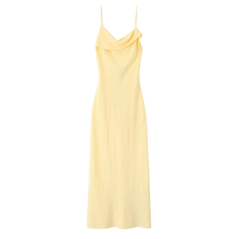 Robe Longue Élégante en Satin Jaune pour Femme Sexy Dos Nu Col Bénitier Robe à Bretelles Sans Manches Taille Haute
