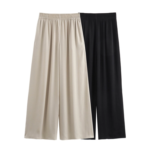 Pantaloni a Gamba Larga in Raso a Vita Alta da Donna Con Elastico Casual Streetwear Pantaloni Lunghi per Ufficio Festa