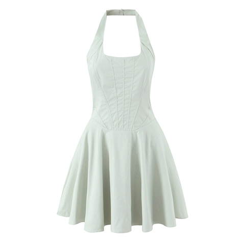 Vestito Mini da Donna Elegante Verde Menta Scollo all'Americana Corsetto in Vita Schiena Scoperta Intrecciata Linea A Misto Cotone Festa