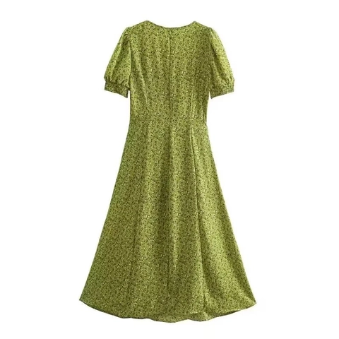 Robe Midi Fleurie Verte de Style Français pour Femme Col en V Manches Bouffantes Fente Latérale Robe de Soirée Vacances d'été Coupe Trapèze