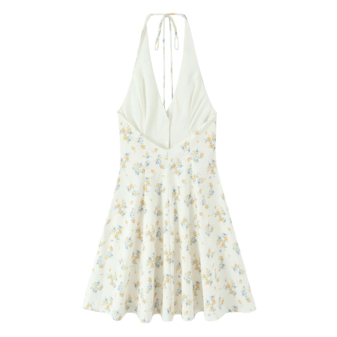 Damen Halter Neck Blumendruck Minikleid Sommer V-Ausschnitt Ärmellos Sexy A-Linie Strand Urlaub Kurz Kleid