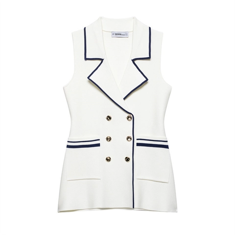 Gilet in Maglia da Donna Stile Francese Senza Maniche Scollo a V Doppiopetto Con Bottoni Dorati Bordo a Contrasto Top Elegante Casual