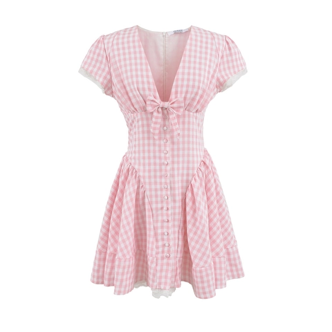 Robe Courte Femme Douce Vichy Rose Col en V Manches Courtes Robe d'été avec Nœud Dentelle Coupe en A Cottagecore Français