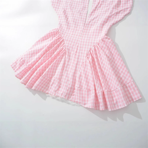 Robe Courte Femme Douce Vichy Rose Col en V Manches Courtes Robe d'été avec Nœud Dentelle Coupe en A Cottagecore Français