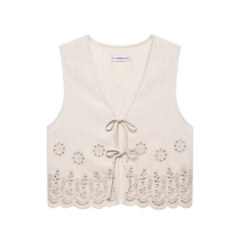Gilet Femme Broderie Florale Ajourée Vintage en Mélange de Lin Col en V Fermeture à Nouer Sans Manches Court Style Français