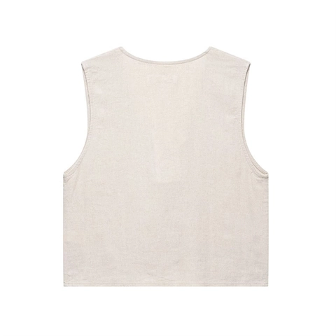 Gilet Femme Broderie Florale Ajourée Vintage en Mélange de Lin Col en V Fermeture à Nouer Sans Manches Court Style Français