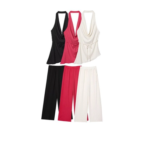 Women's Casual Two-Piece Set Halter Cowl Neck Irregular Top And Wide Leg Pants Solid Color Texture Outfits Lounge Wear