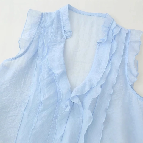Women Sleeveless V Neck Ruffle Chiffon Top Elegant Solid Color Button Up Shirt Summer Casual Lightweight Streetwear Blouse