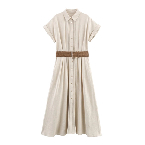 Damen Elegant Leinenmischung Maxi Hemdkleid Beige Kurzarm Biesen Plissee A-Linie Langes Kleid Mit Geflochtenem Gürtel