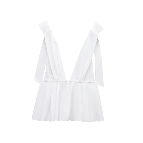 Top Camisole Donna Scollo a V con Fiocco sulle Spalle Orlo a Volant Tinta Unita Senza Maniche Misto Poliestere Cotone Blusa Estiva