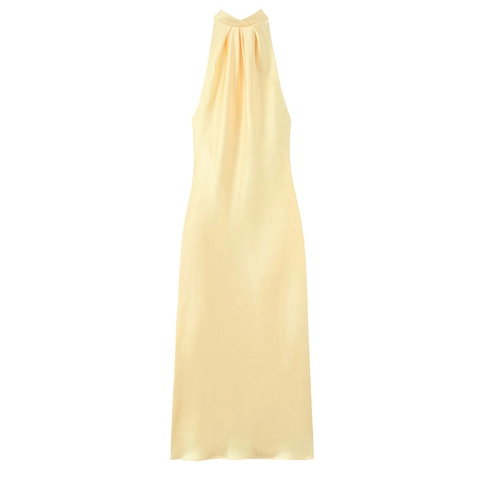 Abito Maxi in Raso Senza Schienale Elegante da Donna Giallo Senza Maniche a Pieghe Bodycon Abito da Festa Con Fiocco al Collo