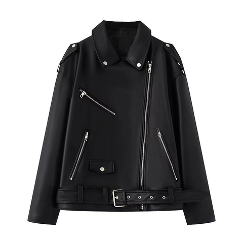 Damen Oversize Schwarze Bikerjacke Aus PU-Kunstleder Punk Motorrad Revers Reißverschluss Outerwear Mit Gürtel Langarm Jacke