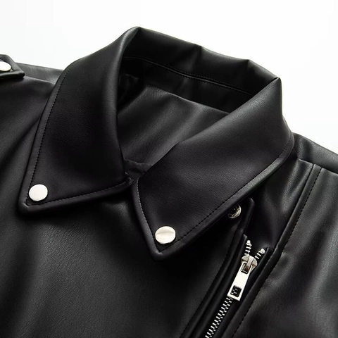 Damen Oversize Schwarze Bikerjacke Aus PU-Kunstleder Punk Motorrad Revers Reißverschluss Outerwear Mit Gürtel Langarm Jacke