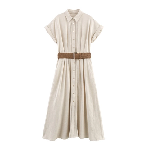 Dames Casual Linnenmix Midi Overhemdjurk Met Riem Elegante Korte Mouw Geplooid Doorknoop A-Lijn Jurk Beige