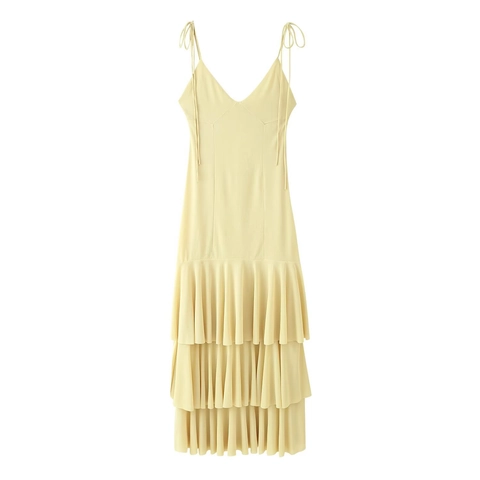 Women French Retro Tiered Ruffle Midi Cami Dress Polyester V Neck Open Back Elegant Summer Solid Color Yellow Sexy Party