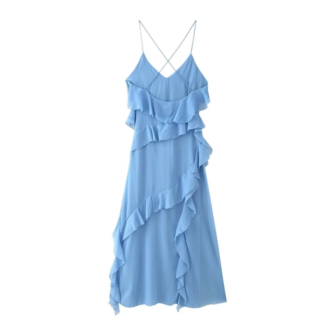 Lichtblauwe Ruffle Spaghetti Strap Maxi Jurk Voor Dames Cross Back V-Hals Gelaagde A-Lijn Zomervakantie Feestjurk