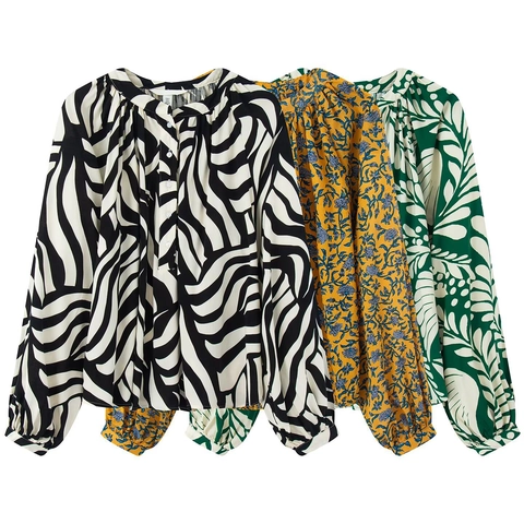 Women Casual Long Sleeve Printed Blouse Vintage Floral Zebra Pattern Lantern Sleeve Pleated Round Neck Single Breasted Top