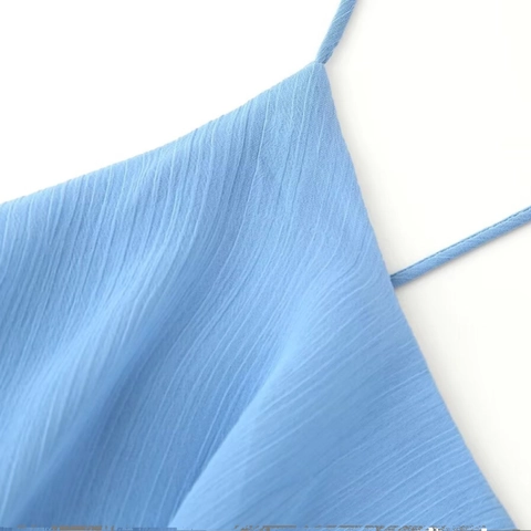 Lichtblauwe Ruffle Spaghetti Strap Maxi Jurk Voor Dames Cross Back V-Hals Gelaagde A-Lijn Zomervakantie Feestjurk