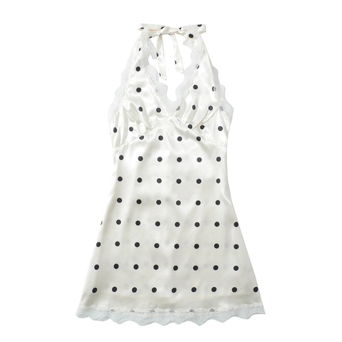 Damen Polka Dot Neckholder Satin Kleid Spitzenbesatz V-Ausschnitt Rückenfrei Mini Kleid Sexy Sommer Urlaub Lässig Nachthemd