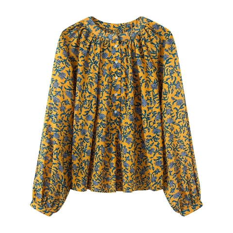 Women Casual Long Sleeve Printed Blouse Vintage Floral Zebra Pattern Lantern Sleeve Pleated Round Neck Single Breasted Top