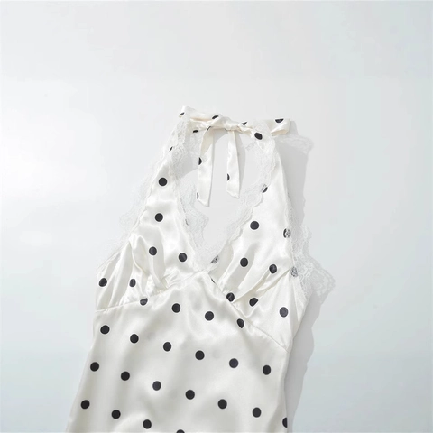 Damen Polka Dot Neckholder Satin Kleid Spitzenbesatz V-Ausschnitt Rückenfrei Mini Kleid Sexy Sommer Urlaub Lässig Nachthemd