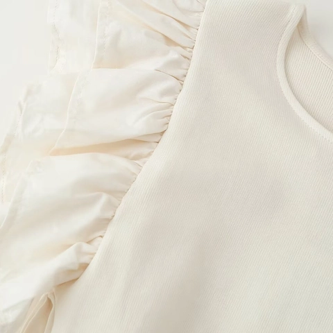 Damen Elegant Off-White Ärmellos Midi Kleid Rundhals Hohe Taille A-Linie Gespleißt Strick Rüschenbesatz Schleifengürtel Partykleid