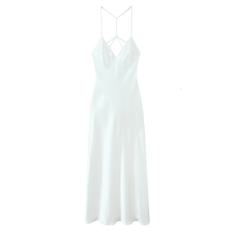 Vestito Lungo da Donna Elegante in Raso con Schiena Scoperta Scollo a V Cinturini Incrociati Senza Maniche per Feste