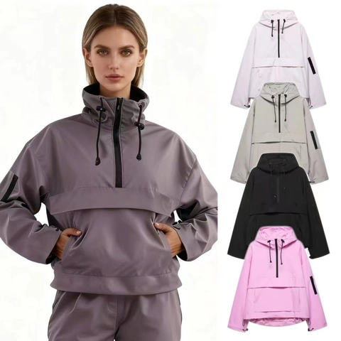 Women's Casual Hooded Anorak Jacket Half Zip Windproof Outdoor Sport Coat With Kangaroo Pocket Loose Long Sleeve Outerwear