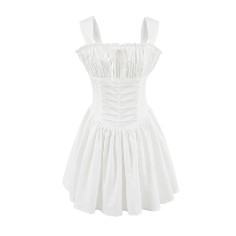 Robe Courte Sexy Blanche pour Femmes Col Carré Nœud Style Milkmaid Français Taille Corset Plissée Mini Robe