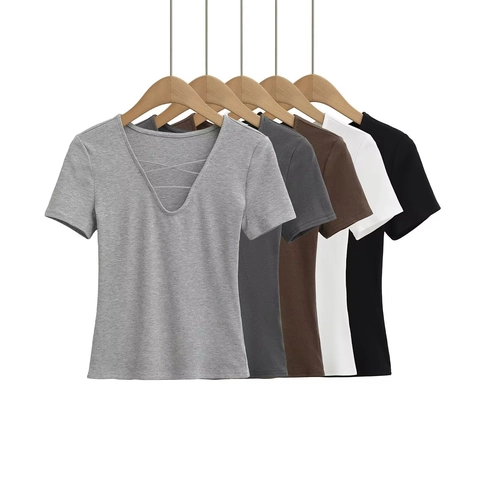 T-Shirt Femme Sexy Col en V Croisé Manches Courtes Été Couleur Unie Côtelé Coupe Ajustée Haut Pullover Décontracté
