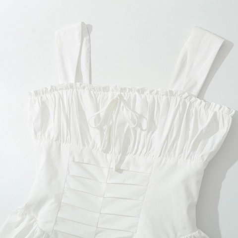 Robe Courte Sexy Blanche pour Femmes Col Carré Nœud Style Milkmaid Français Taille Corset Plissée Mini Robe