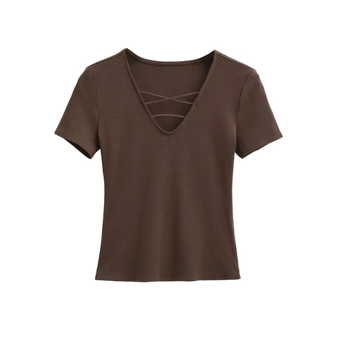 T-Shirt Femme Sexy Col en V Croisé Manches Courtes Été Couleur Unie Côtelé Coupe Ajustée Haut Pullover Décontracté