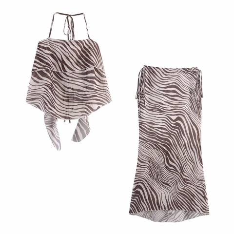 Women Zebra Print Two Piece Set Halter Neck Ruffle Top And Asymmetric Drawstring Midi Skirt Casual Vacation Summer Outfit