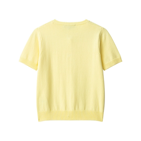 Women Artificial Pearl Bow Knit Cardigan Short Sleeve Round Neck Light Yellow Sweet Elegant Knitted Sweater Top For Women Daily Wear