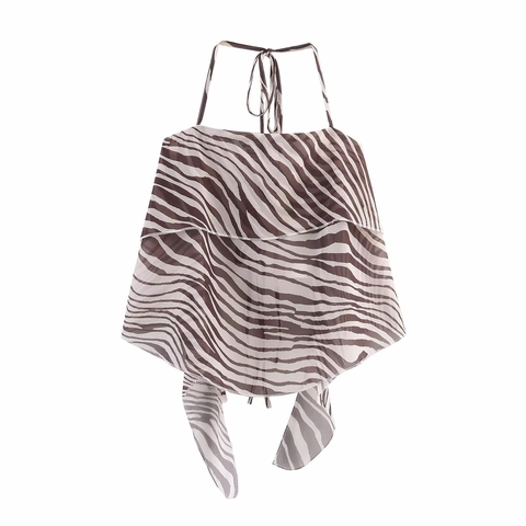 Women Zebra Print Two Piece Set Halter Neck Ruffle Top And Asymmetric Drawstring Midi Skirt Casual Vacation Summer Outfit