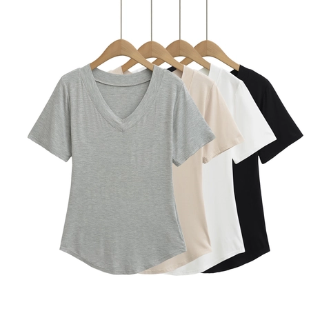 Dames Casual V-Hals Korte Mouw T-Shirt Slanke Pasvorm Afgeronde Zoom Basis Effen Kleur Katoenmix Mode Top