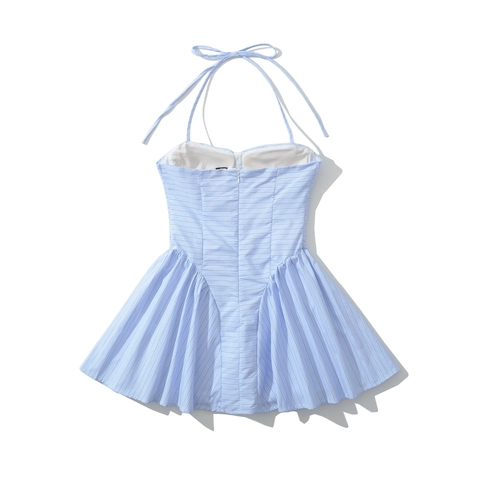 Franse Stijl Halternek Gestreept Mini Jurk Vrouwen Sexy Open Rug A-Lijn Knoop Voorkant Zomer Vakantie Casual Jurk