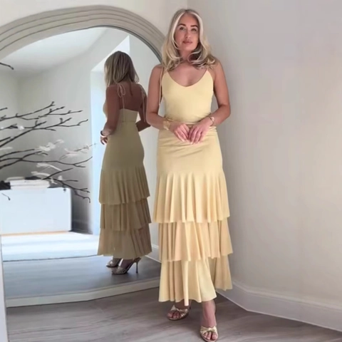 Damen Hellgelb V-Ausschnitt Spaghettiträger Stufenkleid Elegant Ärmellos Einfarbig Sommerurlaub Langes Kleid