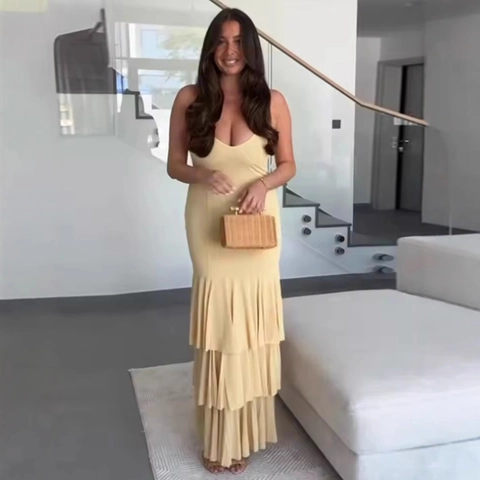 Damen Hellgelb V-Ausschnitt Spaghettiträger Stufenkleid Elegant Ärmellos Einfarbig Sommerurlaub Langes Kleid