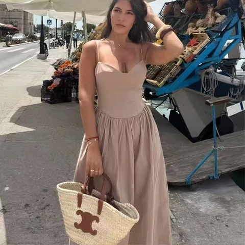 Vintage Damen Polyester Midi Kleid Spaghettiträger V Ausschnitt Korsett Oberteil Plissiert A-Linie Sommerurlaub Elegant Kaffee Kleid
