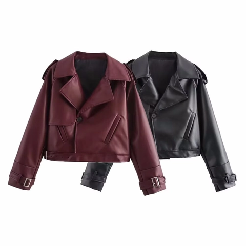 Women Faux Leather Moto Biker Jacket Lapel Single Button Short Coat Streetwear Fashion Solid Color PU Jacket Outerwear