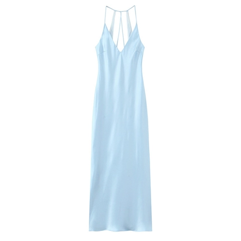 Vestido Midi de Satén Sexy con Espalda Descubierta para Mujer Cuello en V Halter Tirantes Cruzados Elegante Color Sólido Fiesta
