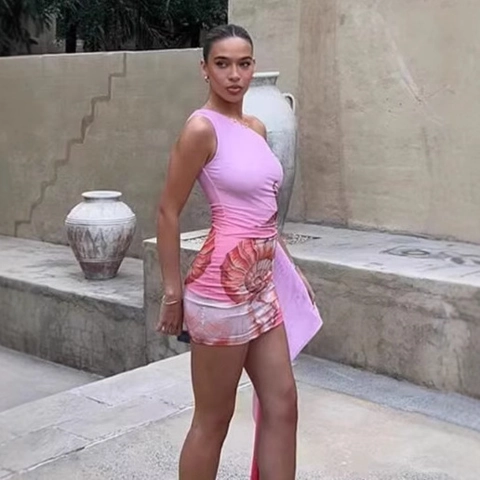 Abito Mini Monospalla Asimmetrico da Donna Sfumatura Rosa Stampa Conchiglia Stella Marina Cut Out Laterale Sexy Bodycon Vestito da Festa